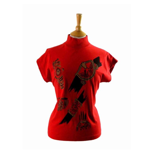 80s Red Watch Print T Shirt - 10