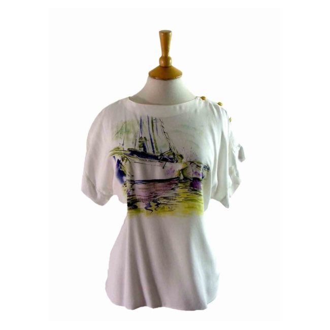 80s White Boat Print T Shirt - 14