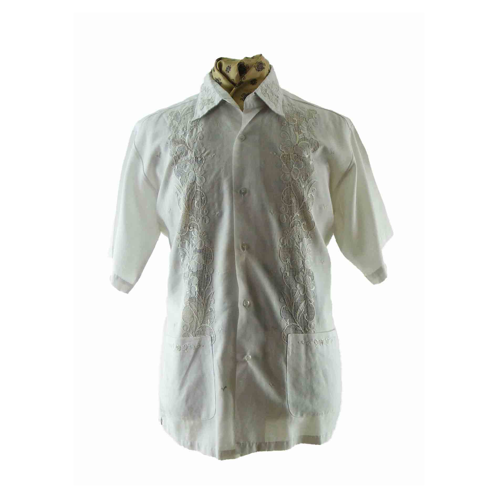 80s White Embroidered Guayabera Shirt - XL - Blue 17 Vintage Clothing