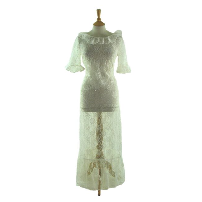 80s White Floral Lace Maxi Dress - 14