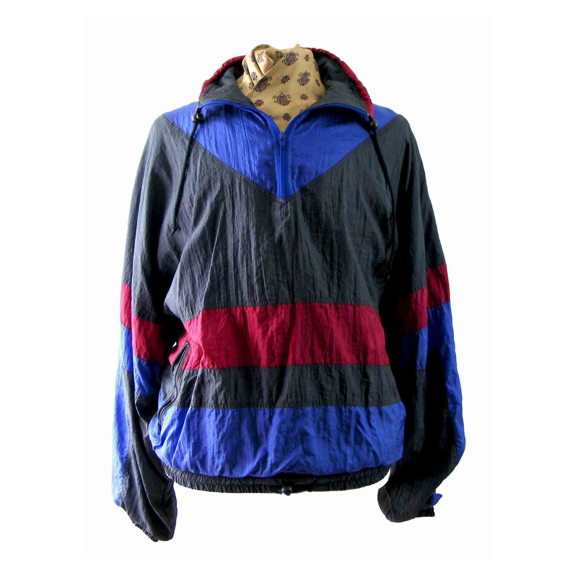 80s Black red & blue shell suit top