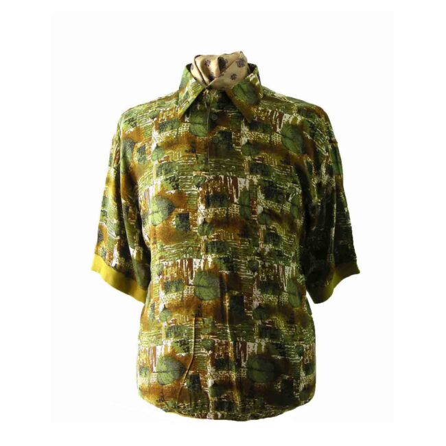 80s Green Floral Print shirt - XL