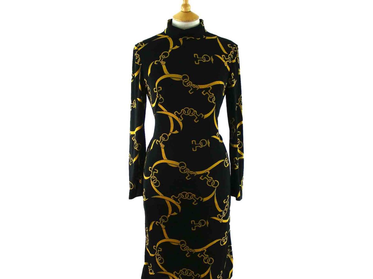90s Chain Print Black Dress - Blue 17 Vintage Clothing
