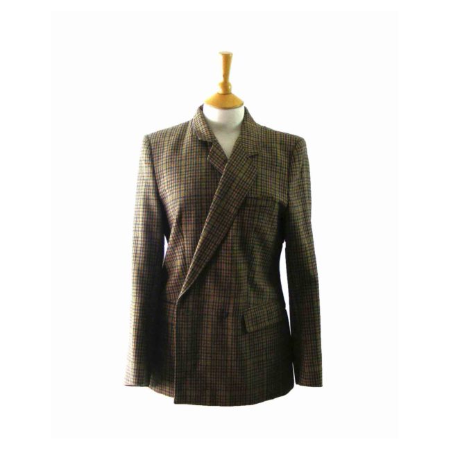 90s Checked Wool Tweed Double Breasted Blazer - 10 - Blue 17 Vintage ...