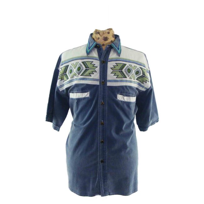 90s Denim Shirt With South Western Print - XL