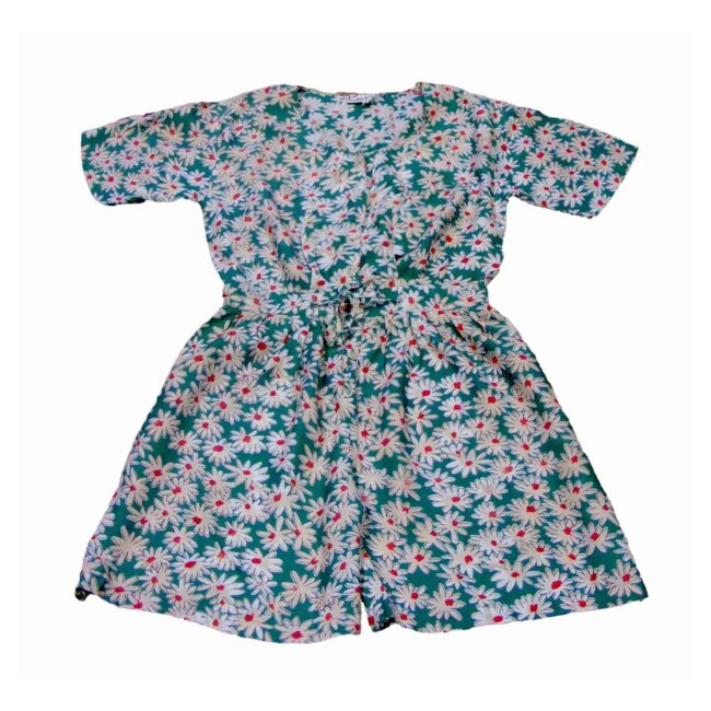 90s Green And White Flower Print Cropped Play suit