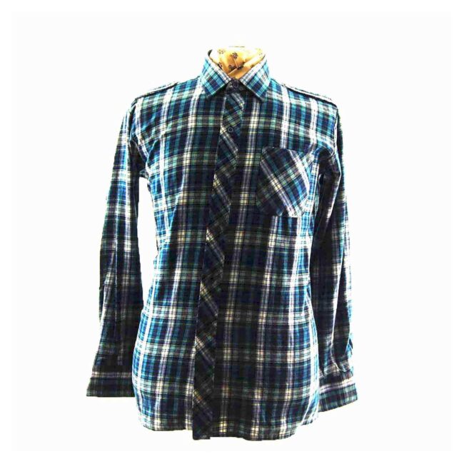 90s Mens Blue White Yellow And Black Plaid Flannel Shirt With Epaulets - L