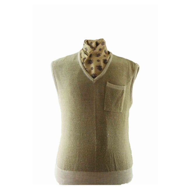 90s Mens Light Brown V Neck Sleeveless Sweater - M