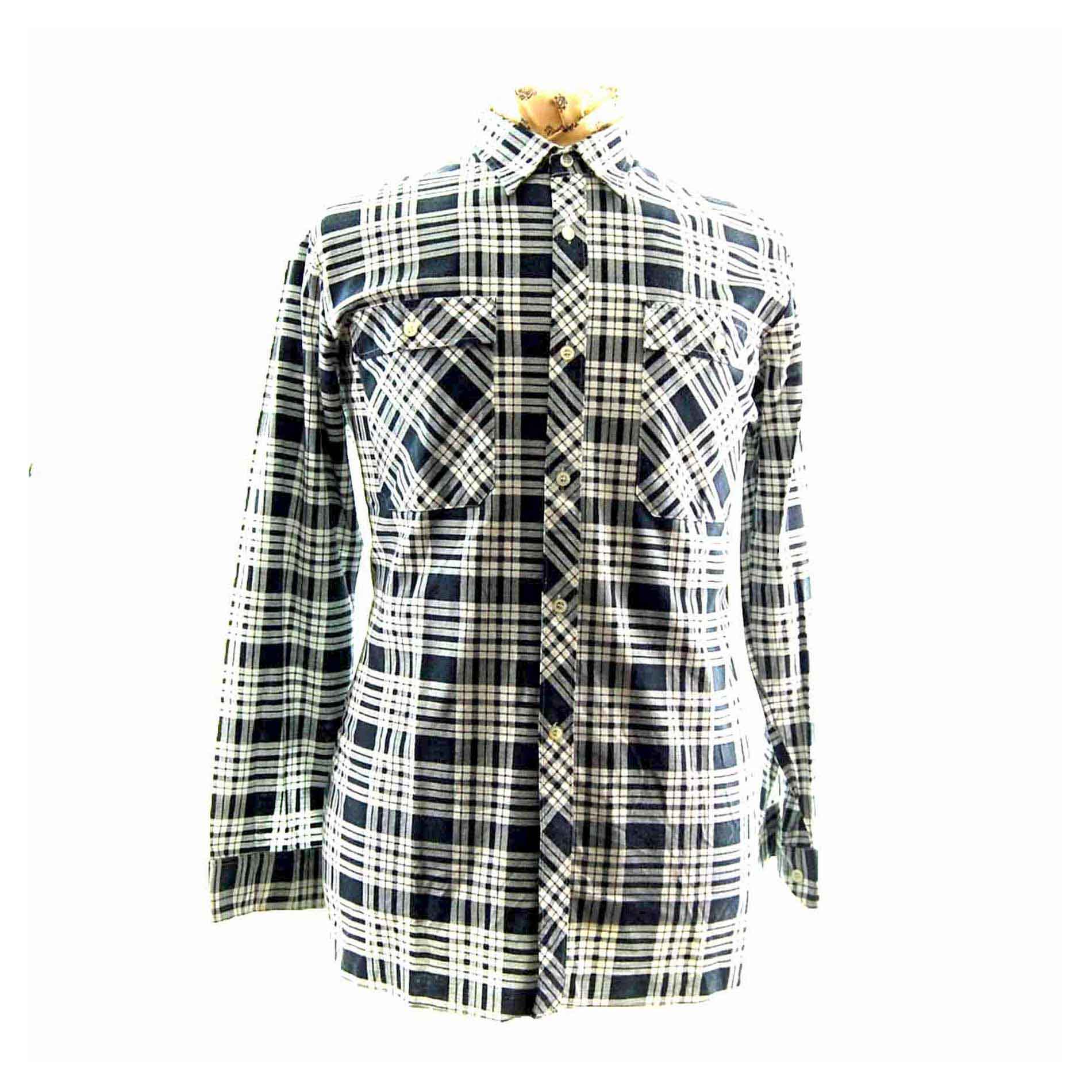 90s Mens White Blue Checked Flannel Shirt - M - Blue 17 Vintage Clothing
