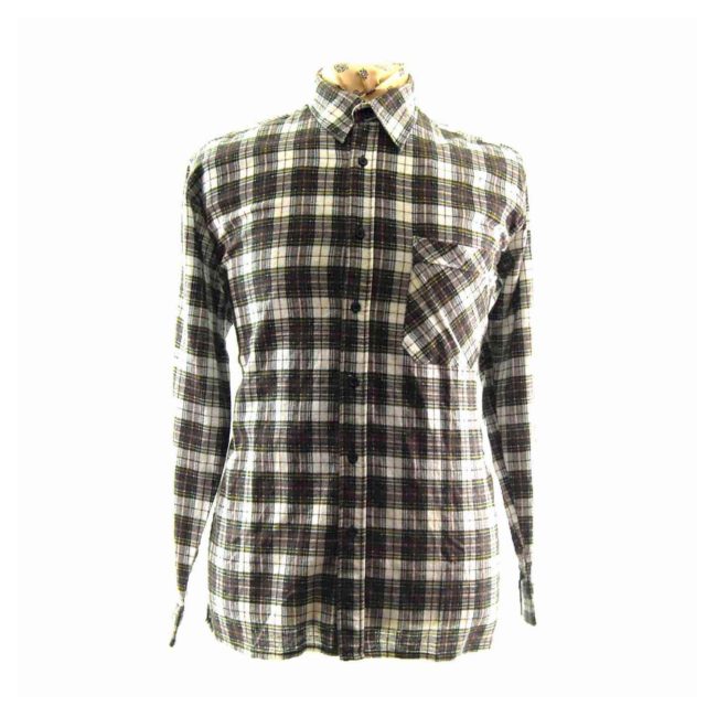 90s Mens White Brown Yellow Plaid Check Shirt - M