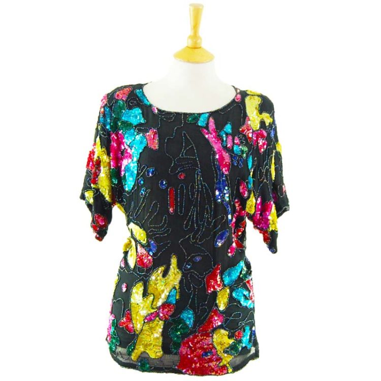 90s Multicolored Black Sequined Top