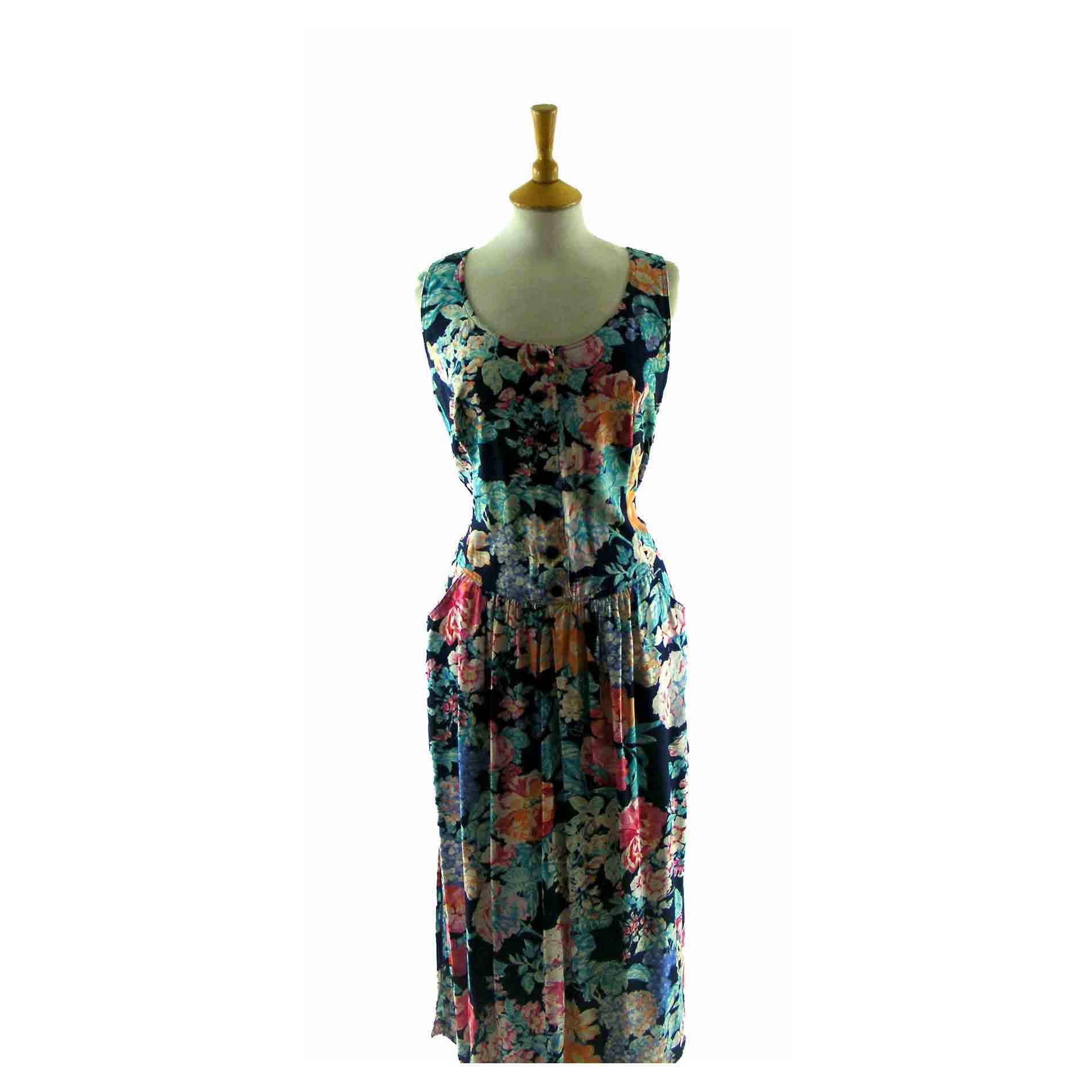 90s Multicoloured Summer Floral Print Dress - Blue17