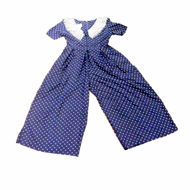 90s Navy Blue Polka Dot Print Jump suit - 12
