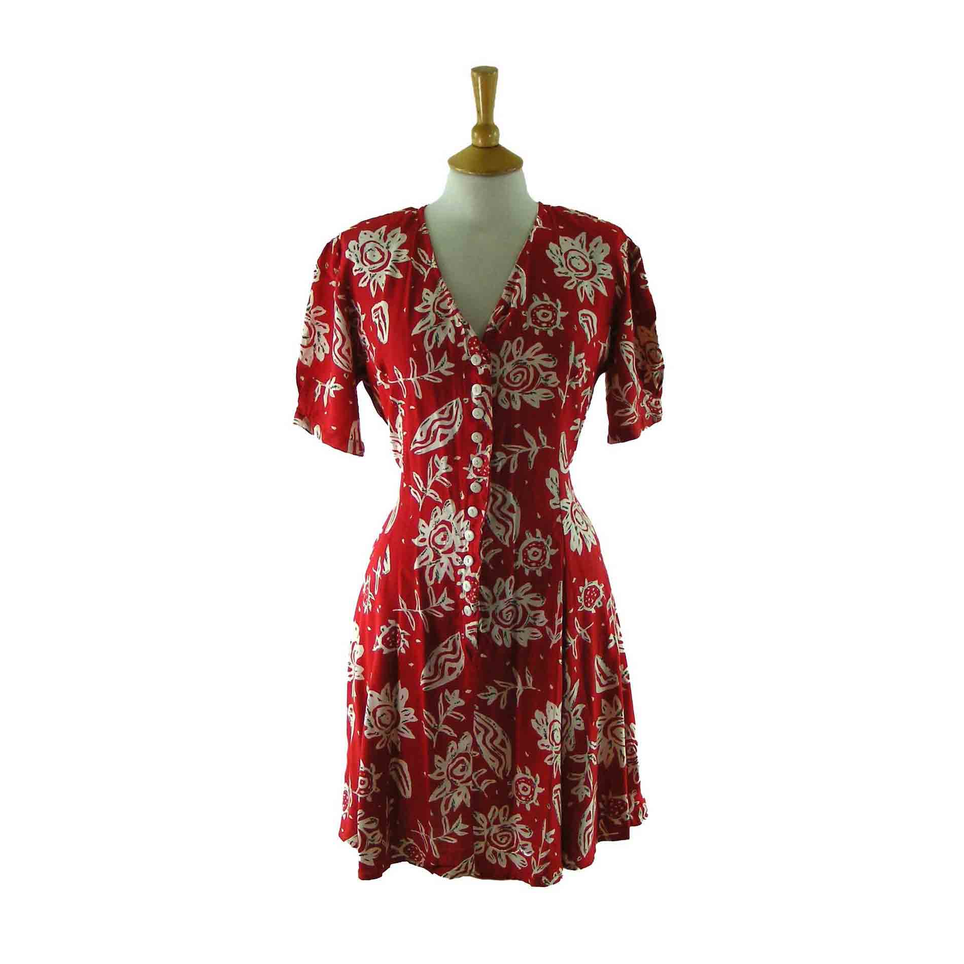 90s Red Floral Print Dress - Blue 17 Vintage Clothing