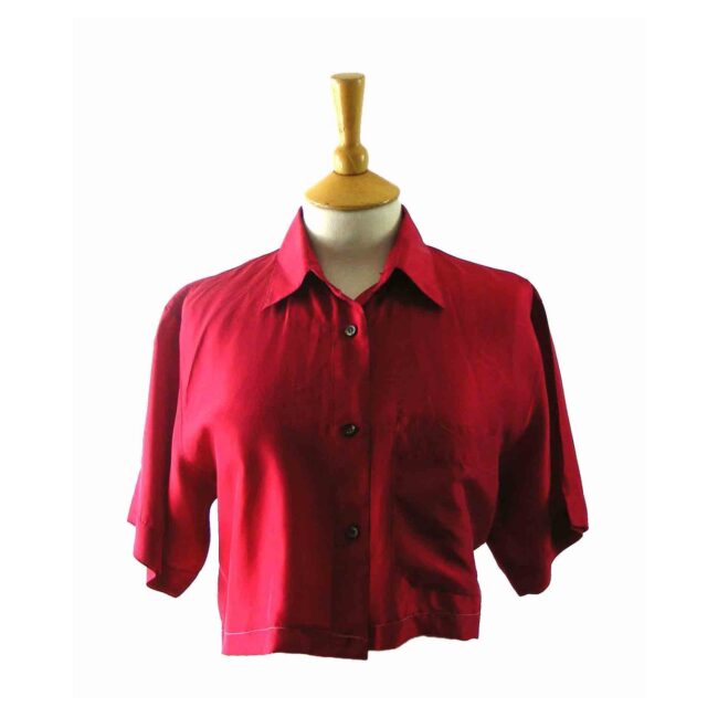 90s Red Silk Short Sleeved Blouse