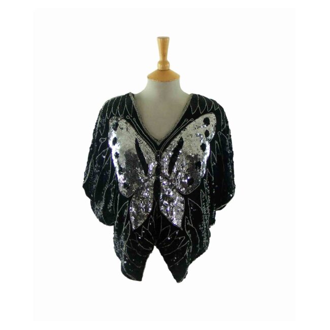 90s Silver Butterfly Sequinned Top - 8