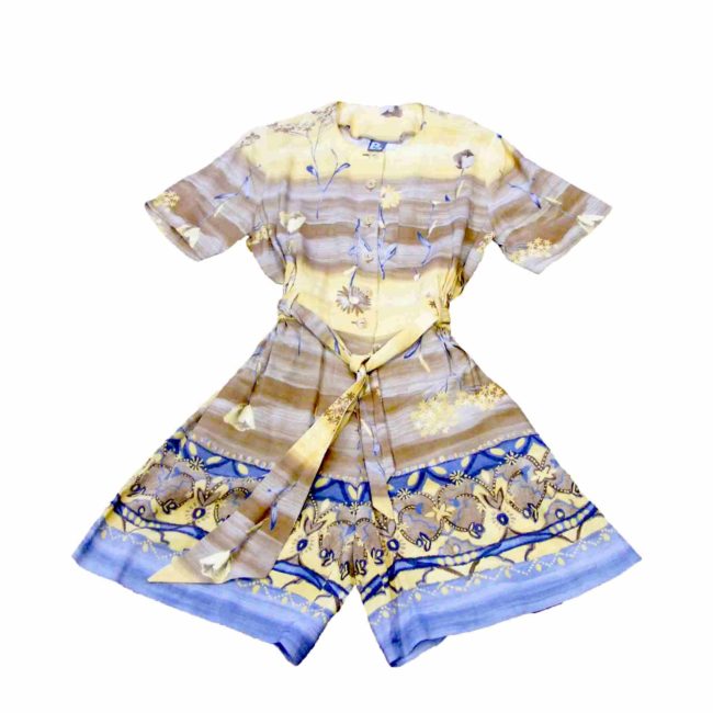 90s Yellow Blue Brown Floral Print Cropped Play suit - 10