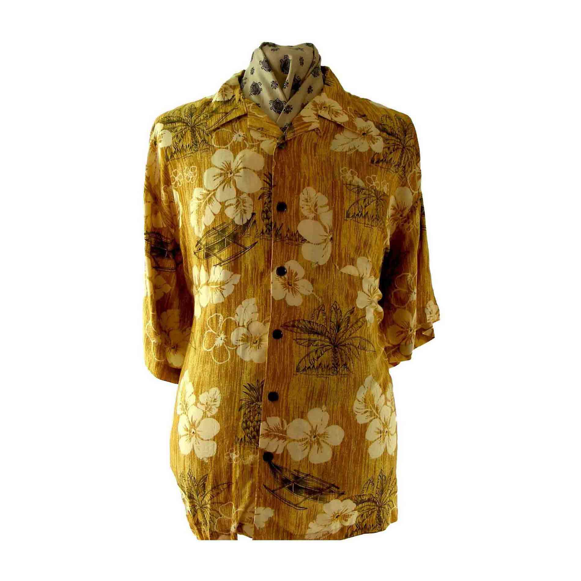 90s Yellow Hawaiian shirt - Blue 17 Vintage Clothing
