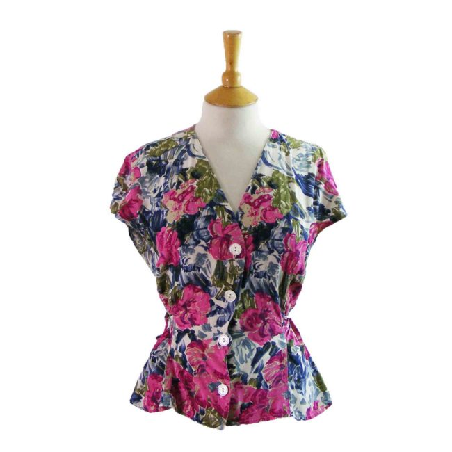 90s_Multicoloured_Floral_Print_V_Neck_blouse