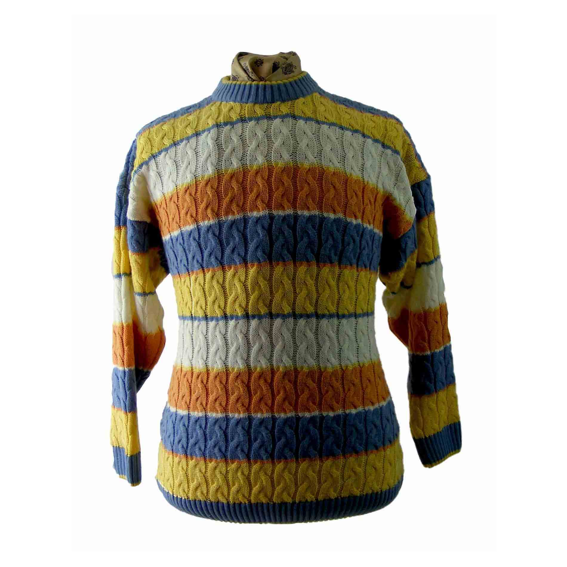 90s Multicoloured V Neck Cable Knit Sweater