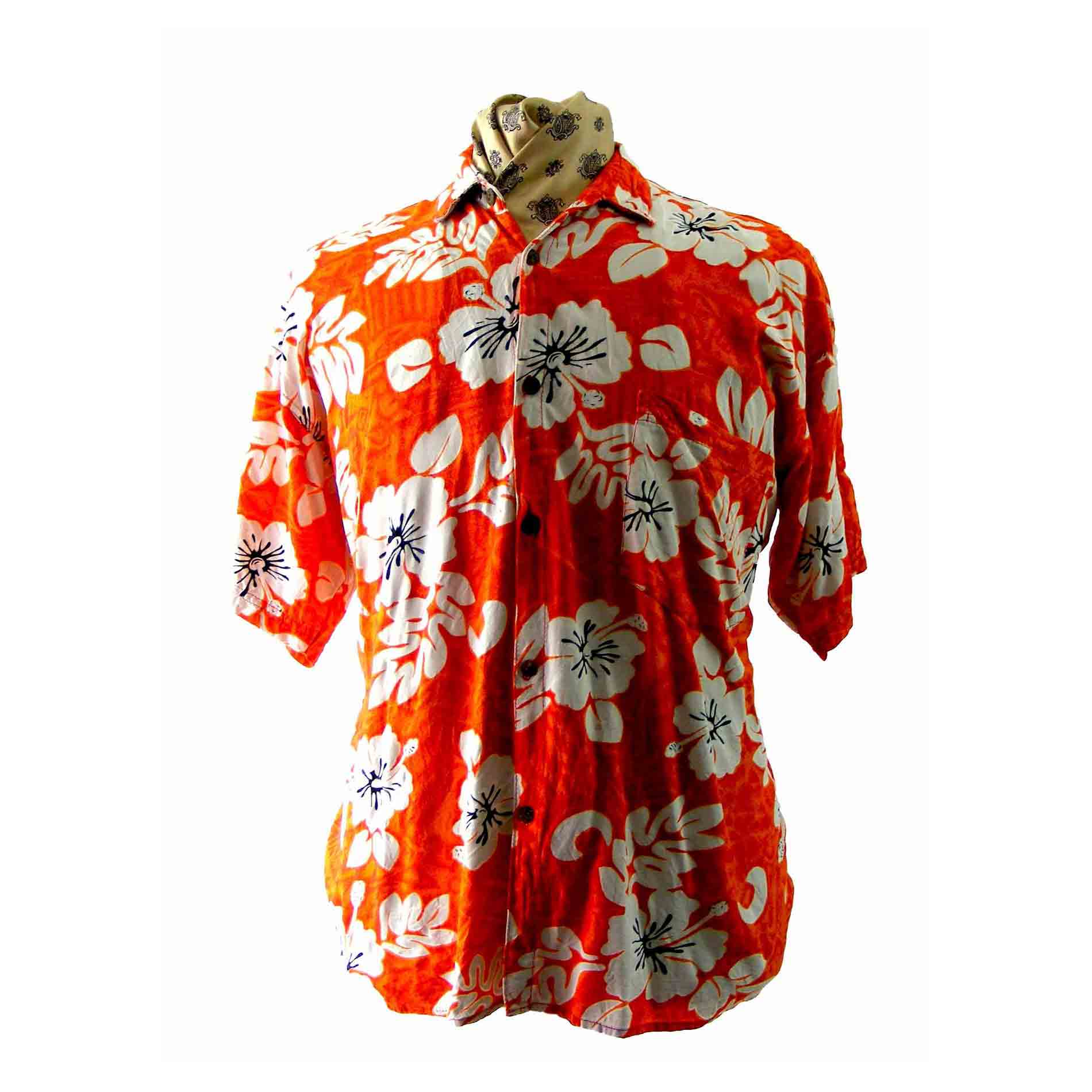 90s Orange White Hawaiian Print shirt