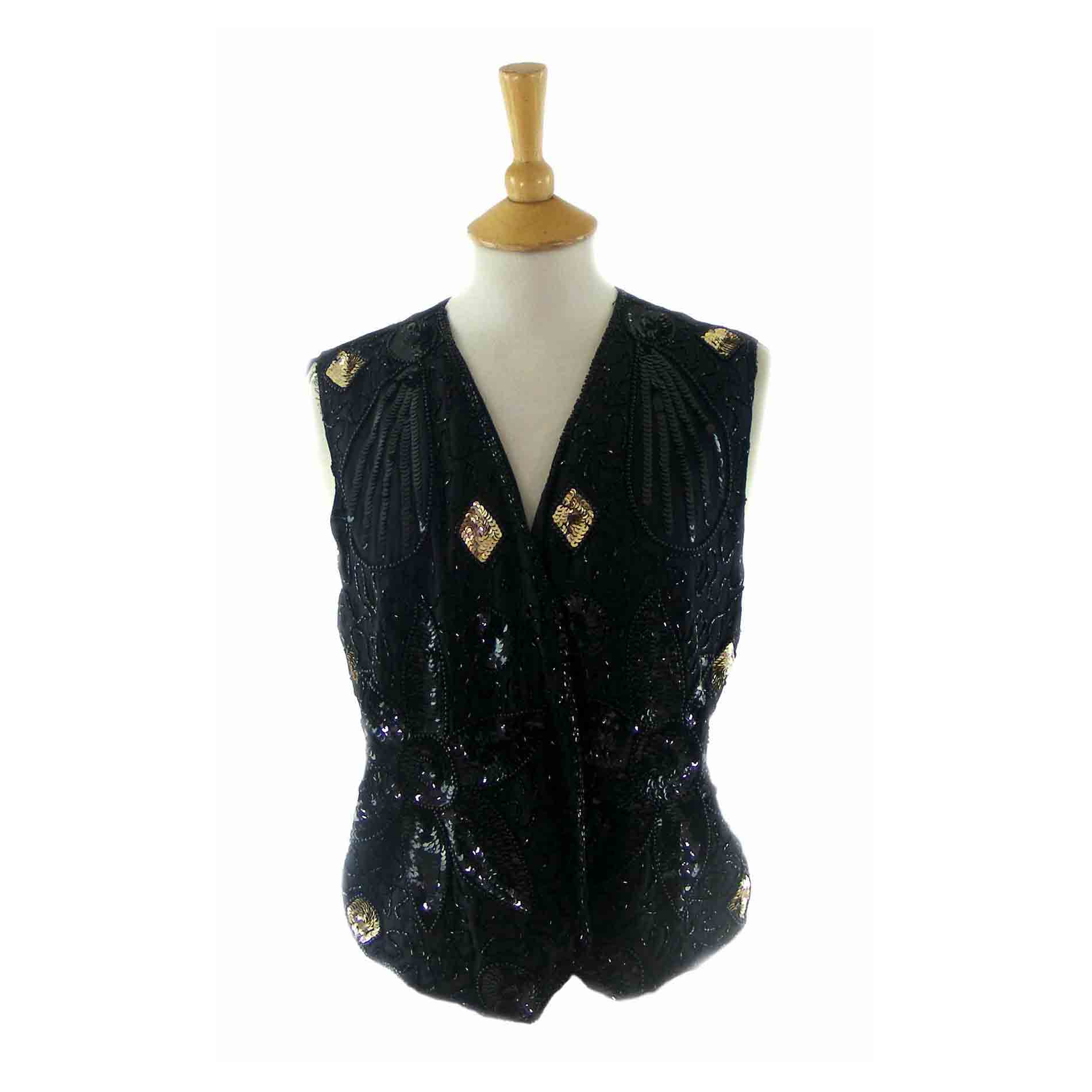 Black Sequined Beaded Waistcoat - black waistcoat ladies - Blue17