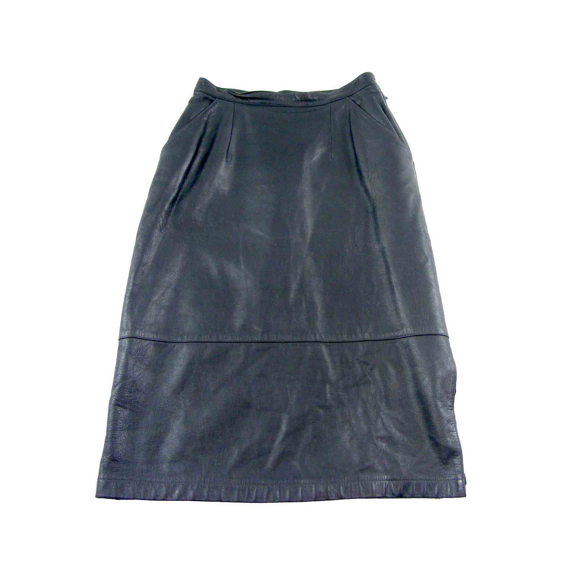 80s black leather midi skirt