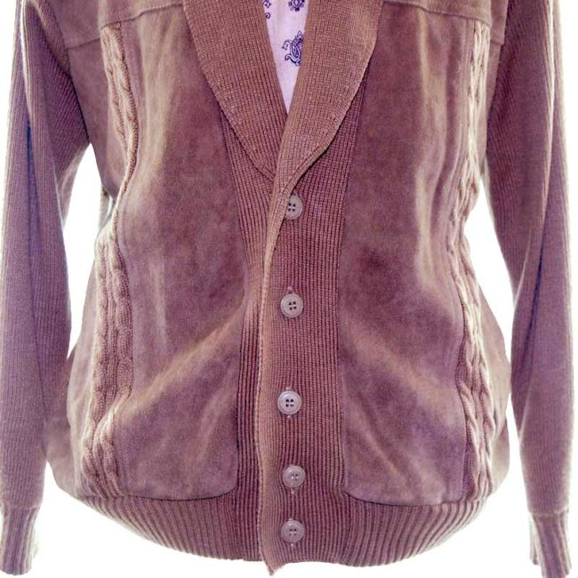 70s Brown Suede Cable Knit Mens Button Cardigan - L - Image 4