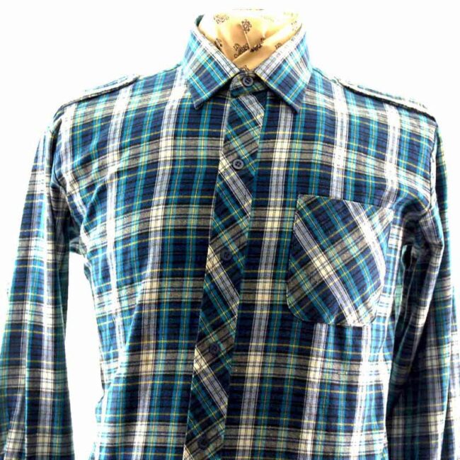 90s Mens Blue White Yellow And Black Plaid Flannel Shirt With Epaulets - L - Image 2