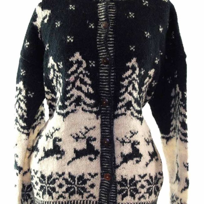 Womans Pure Wool Black Reindeer Cardigan - 14 - Image 2