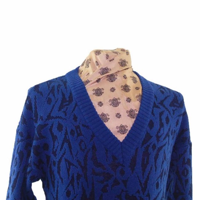 80s Mens Blue Abstract Patterned Sweater - L - Image 2
