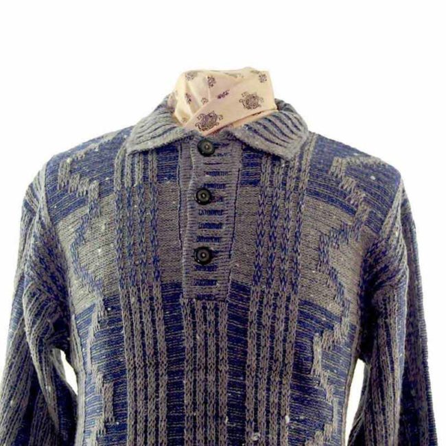 80s Mens Blue And Grey Italian Knit Sweater - M - Image 2