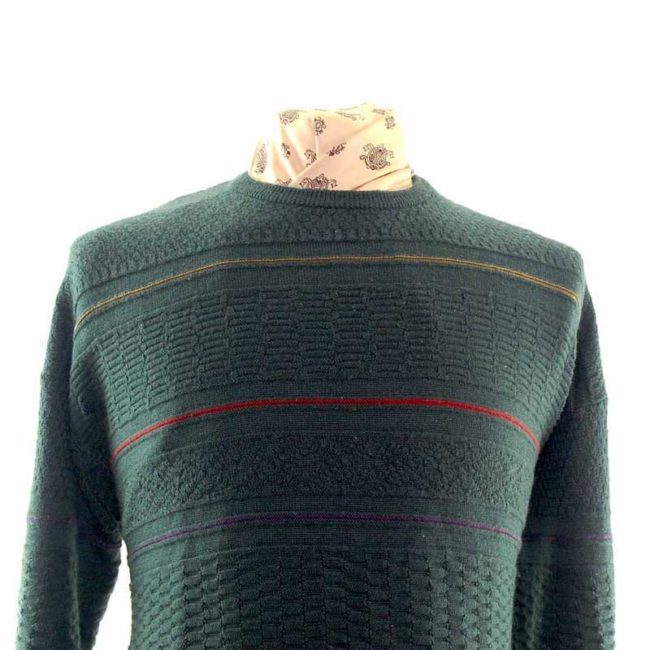 80s Mens Dark Green Striped  Sweater - XL - Image 2