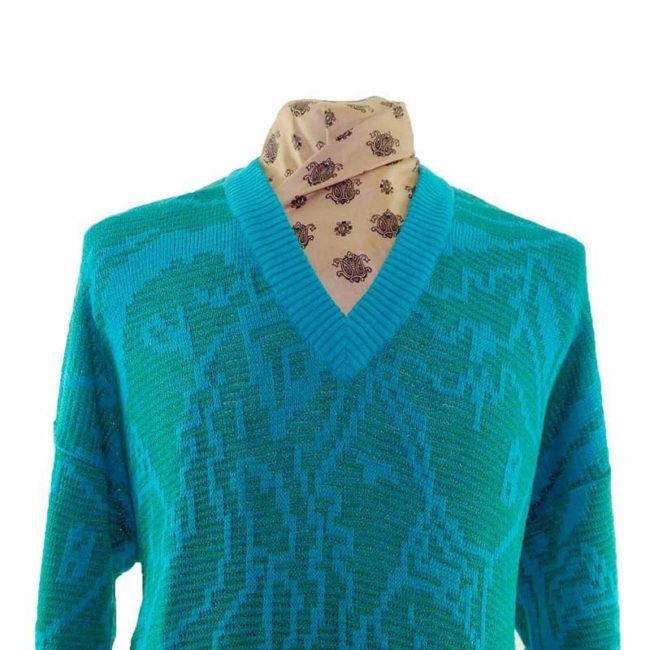 80s Mens Green And Turquoise V Neck Sweater - L - Image 2