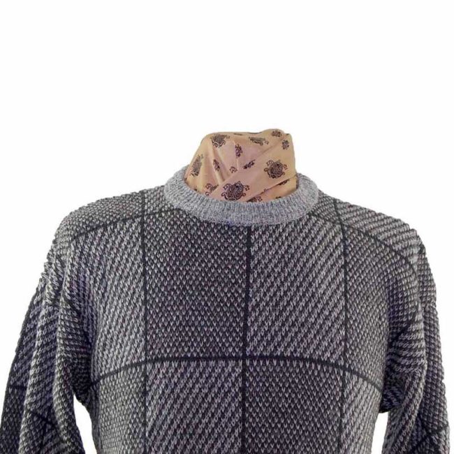 80s Mens Grey Carre Patterned Sweater - L - Image 2