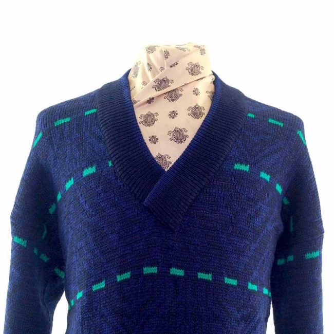 Royal Blue And Black V Neck Mens 80s Sweater - L - Image 2