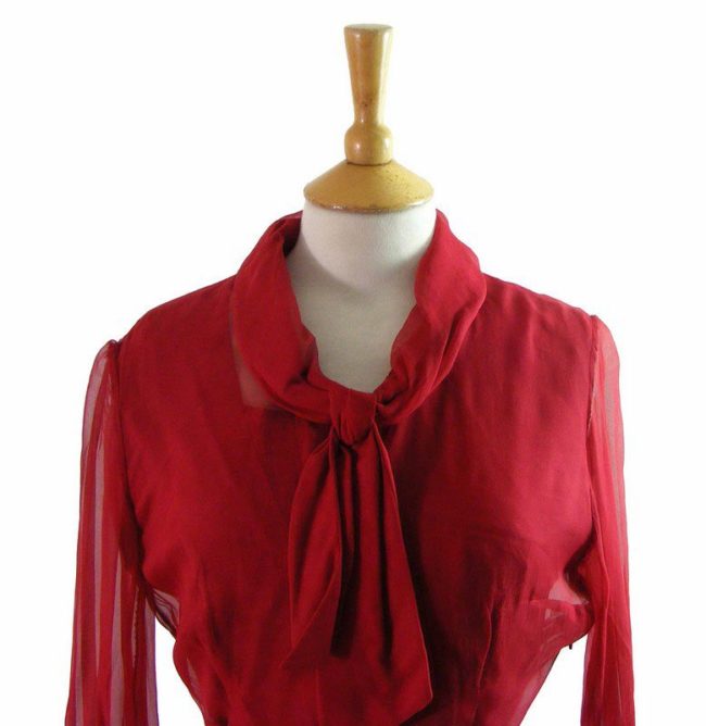 50s Red Chiffon Pleated Dress - 12 - Image 2