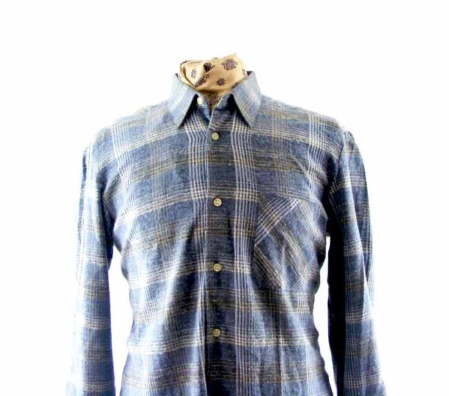 60s Blue Plaid Flannel Shirt - L - Image 2