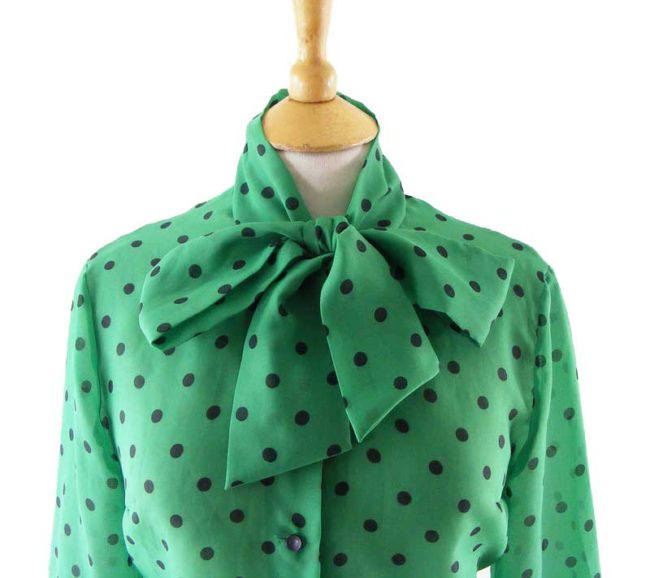 Close-up-of-60s-Green-Polka-Dot-Pussy-Bow-Blouse