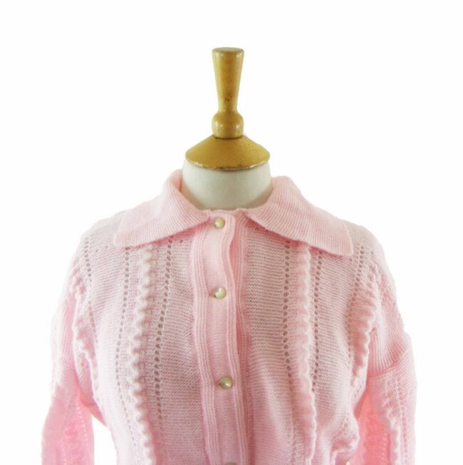 60s Pink Ribbed Collared Cardigan - 14 - Image 2