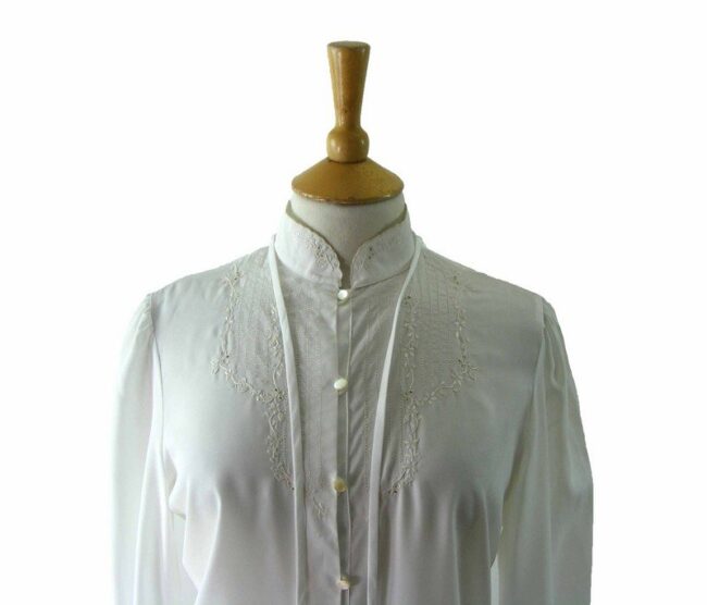 60s Silky White Embroidered Blouse - 12 - Image 2