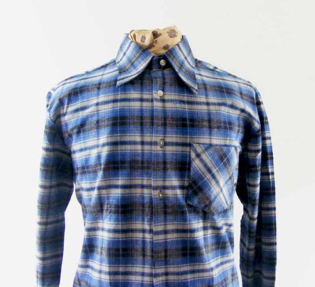 70s Blue Plaid Grandfather Shirt - XL - Image 2