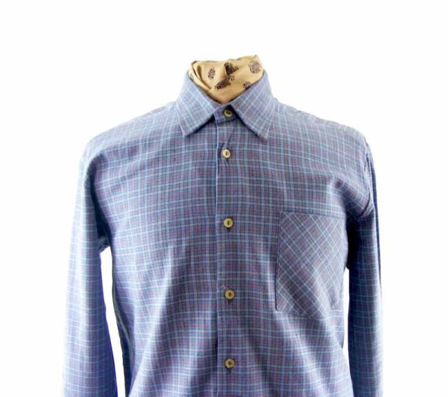 70s Blue & Red Plaid Grandad Shirt - XL - Image 2