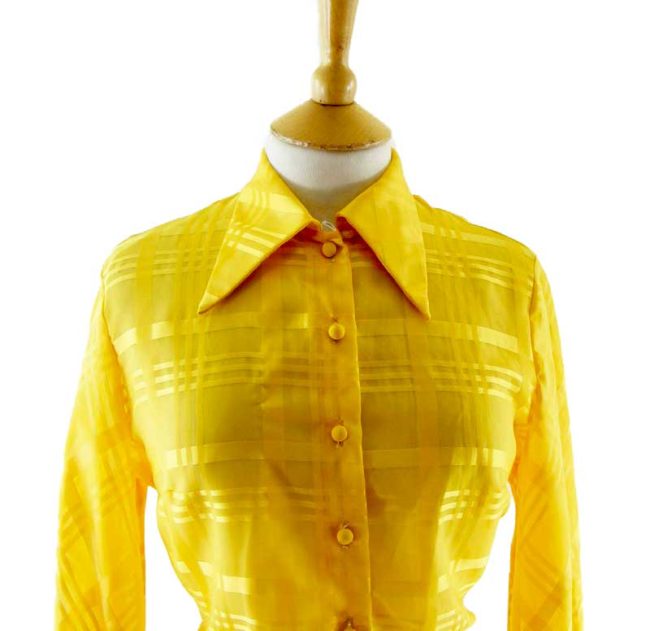 Close-up-of-70s-Cris-Cross-Print-Yellow-Blouse