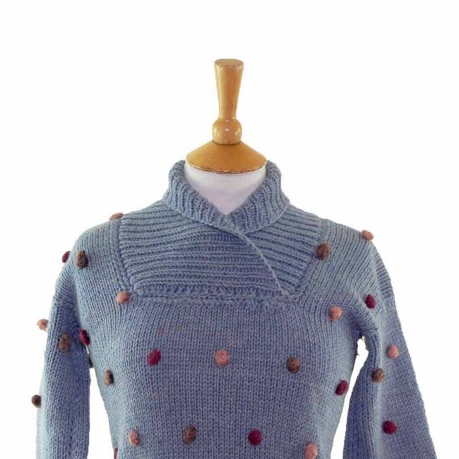 70s Ladies Hand Knitted Pure Wool  Blue Sweater  - 6 - Image 2