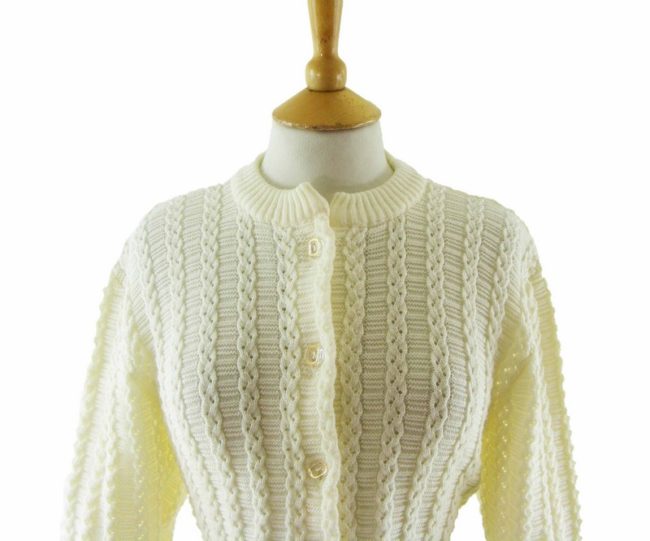 70s Ladies White Cable Knit Cardigan - 14 - Image 2