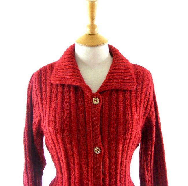 70s Long Red Ribbed Knitted Cardigan - 12 - Image 2