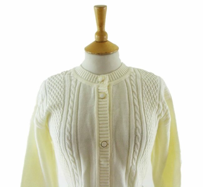 70s Long White Cable Knit Cardigan - 16 - Image 2