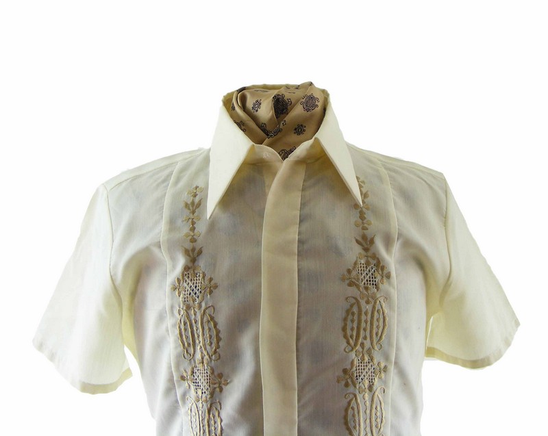 70s Pale Yellow Embroidered Guayabera Shirt - M - Image 2