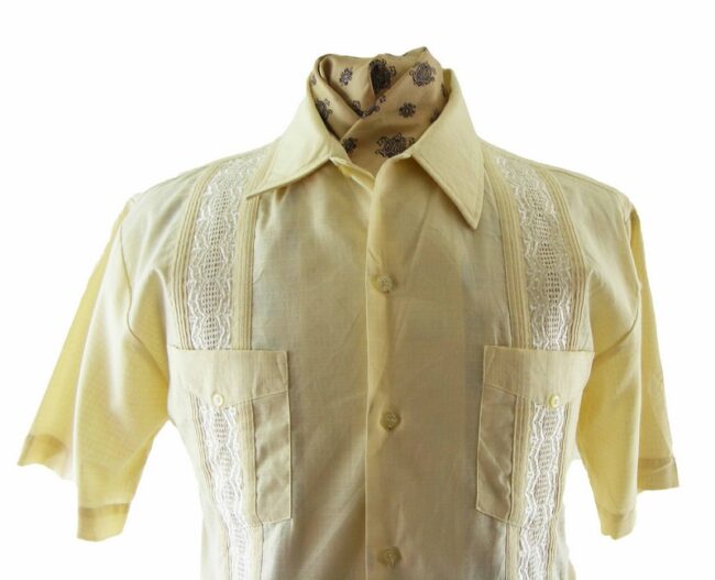 70s Pale Yellow Guayabera Shirt - L - Image 2